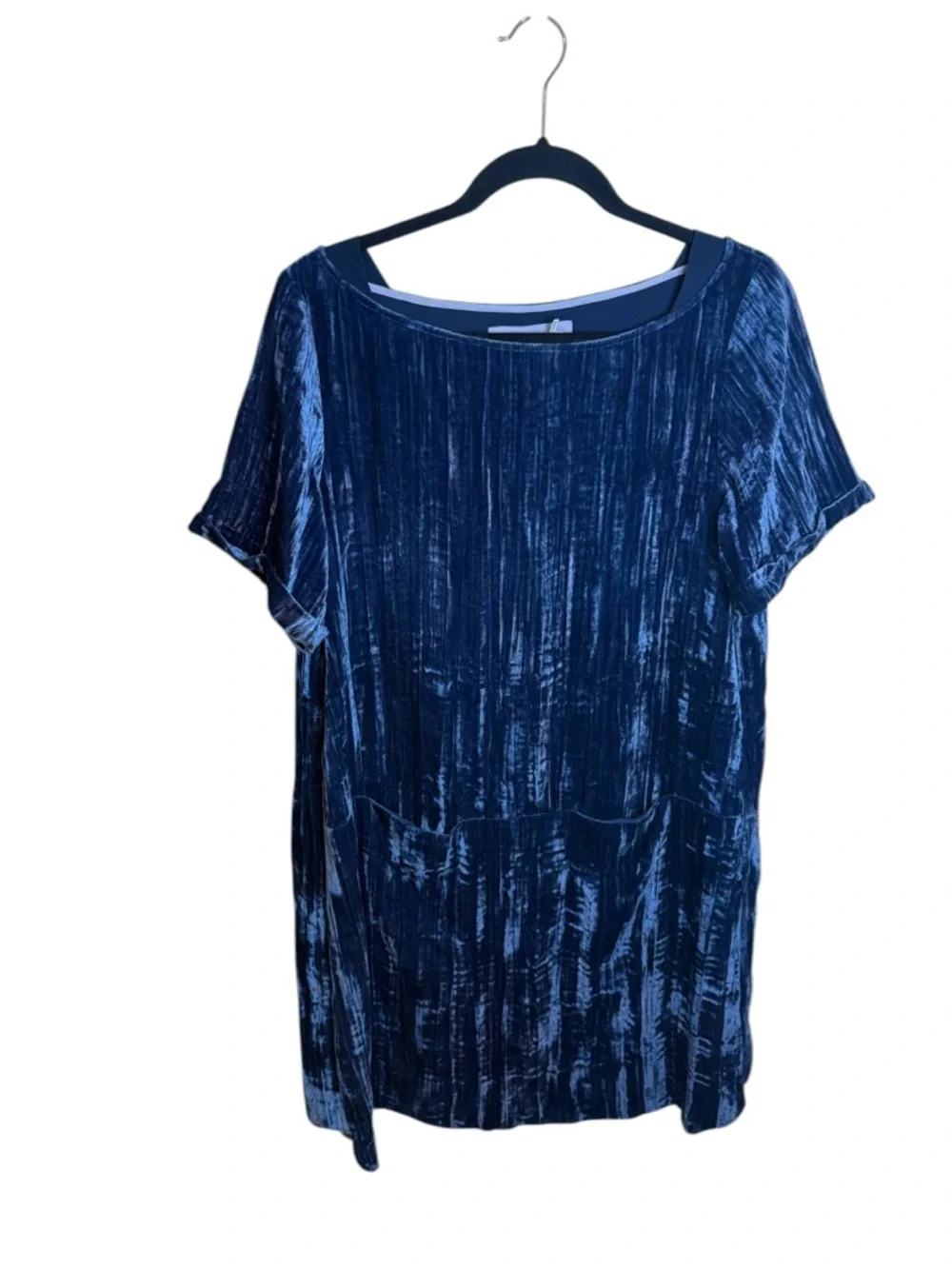 Floreat Anthropologie Blue Crinkle Crushed Velvet Short Sleeve Shift Dress - Picture 2 of 7